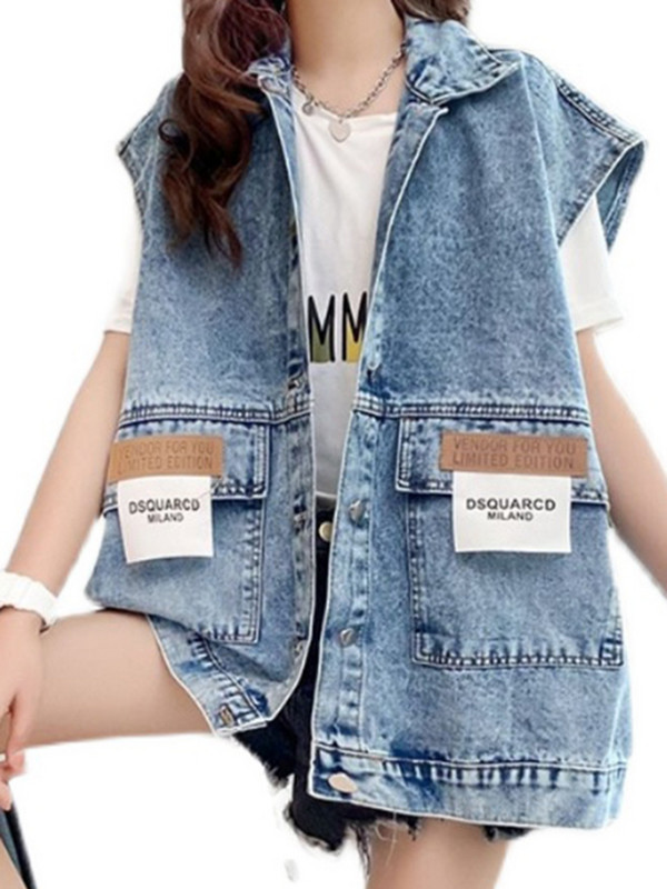 [EWQ] Letter Patch Σχέδια Streetwear Λεπτό φθινοπωρινό τζιν γιλέκο Γυναικείο πέτο Φαρδύ αμάνικο μπουφάν Γυναικείο 2023 New Tide 16O67