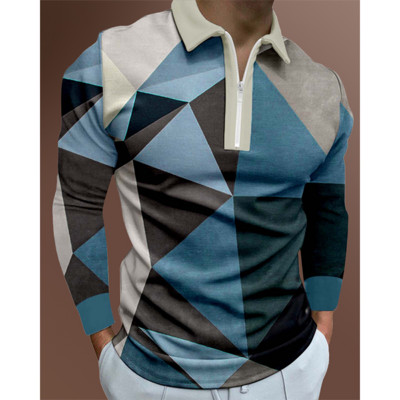 Geomeetrilise mustriga trükitud isikupärastatud pikkade varrukatega polosärk, Street Casual Trend Slim Fitting meeste polosärk.