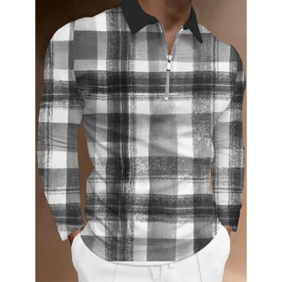 Geomeetrilise mustriga trükitud isikupärastatud pikkade varrukatega polosärk, Street Casual Trend Slim Fitting meeste polosärk.