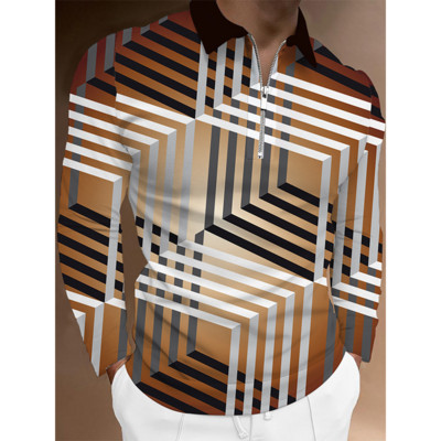 Geomeetrilise mustriga trükitud isikupärastatud pikkade varrukatega polosärk, Street Casual Trend Slim Fitting meeste polosärk.