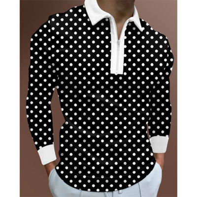 Geomeetrilise mustriga trükitud isikupärastatud pikkade varrukatega polosärk, Street Casual Trend Slim Fitting meeste polosärk.