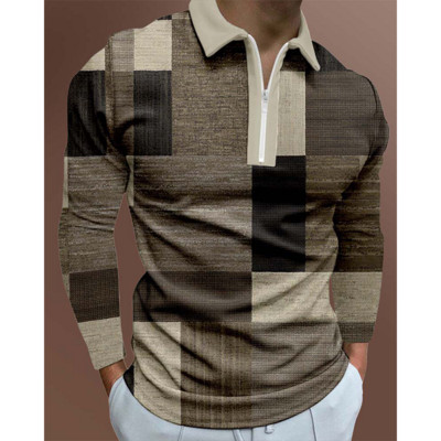 Geomeetrilise mustriga trükitud isikupärastatud pikkade varrukatega polosärk, Street Casual Trend Slim Fitting meeste polosärk.