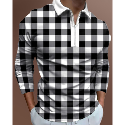 Geomeetrilise mustriga trükitud isikupärastatud pikkade varrukatega polosärk, Street Casual Trend Slim Fitting meeste polosärk.