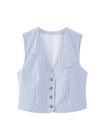 Tangada 2023 Γυναικείο μπλε ριγέ κοντό γιλέκο αμάνικο γυναικείο πανωφόρι CE194