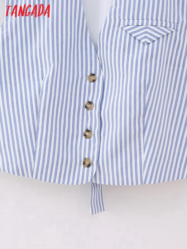 Tangada 2023 Γυναικείο μπλε ριγέ κοντό γιλέκο αμάνικο γυναικείο πανωφόρι CE194