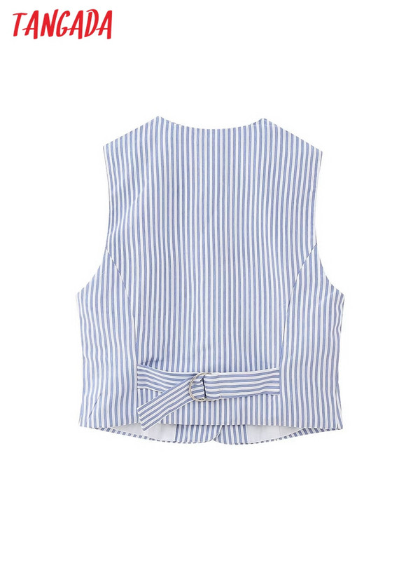 Tangada 2023 Γυναικείο μπλε ριγέ κοντό γιλέκο αμάνικο γυναικείο πανωφόρι CE194
