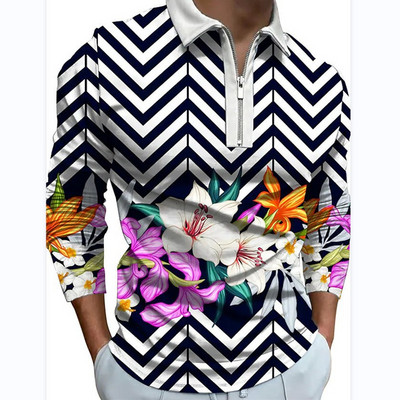 Meeste riided Suured vabaaja spordiäri vabaaja polosärk, meeste sporditriibuline prindiga ärireväär Tõmblukuga polosärk.