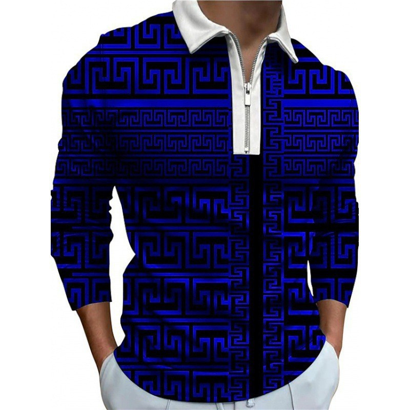 Meeste riided Suured vabaaja spordiäri vabaaja polosärk, meeste sporditriibuline prindiga ärireväär Tõmblukuga polosärk.