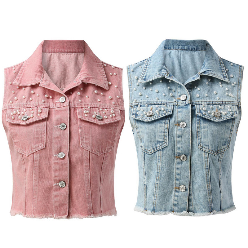 Női farmer mellény dzseki utcai gyöngyös szegéllyel Zsebek farmer mellény dzseki Női ujjatlan felsőruházat farmer mellények L5