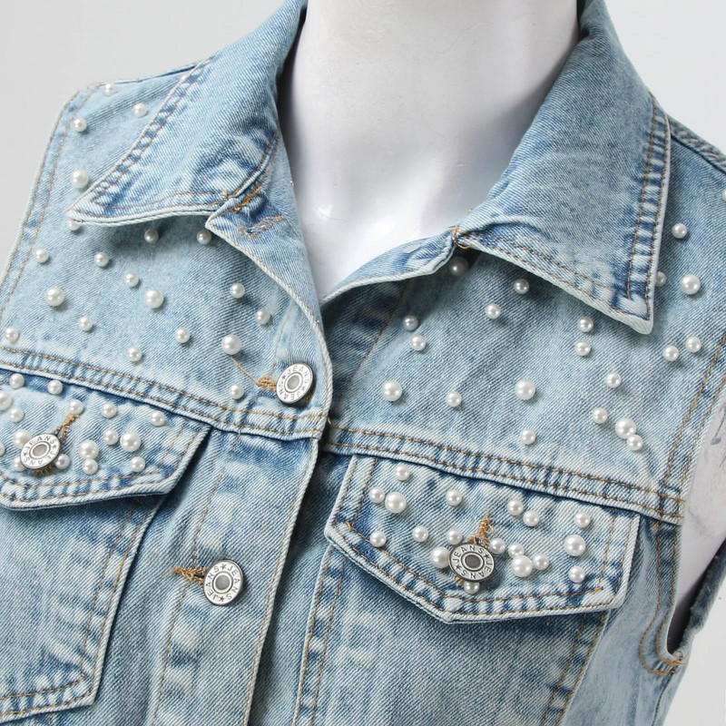 Női farmer mellény dzseki utcai gyöngyös szegéllyel Zsebek farmer mellény dzseki Női ujjatlan felsőruházat farmer mellények L5