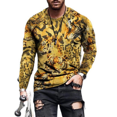 Vintage printiga T-särk 3d Tiigri ja lõvi särk Loomade pikkade varrukatega lahtise O-kaelusega suvised puuvillased loomade topid Oversized 5xl meeste riided