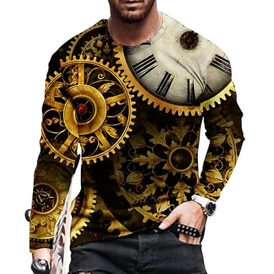 2022 Vintage T-shirt s printom 3d sat majica dugih rukava sat dugih rukava ležerna O izrez 5xl pamučna košulja prevelike majice majica muška odjeća