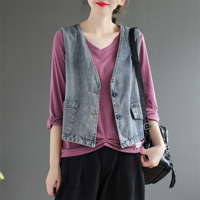 2022 Νέο ανοιξιάτικο φθινοπωρινό τζιν γιλέκο Γυναικείο ρετρό αμάνικο κοντό τζιν γιλέκο Γυναικείο παλτό Casual σακάκια Γυναικεία μπλουζάκια