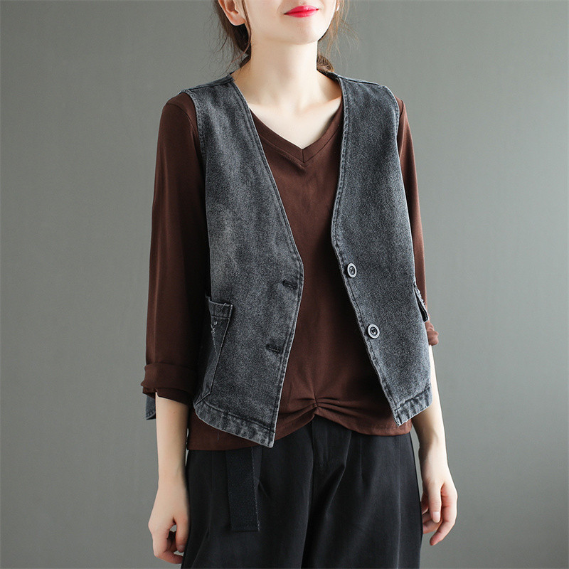 2022 Νέο ανοιξιάτικο φθινοπωρινό τζιν γιλέκο Γυναικείο ρετρό αμάνικο κοντό τζιν γιλέκο Γυναικείο παλτό Casual σακάκια Γυναικεία μπλουζάκια