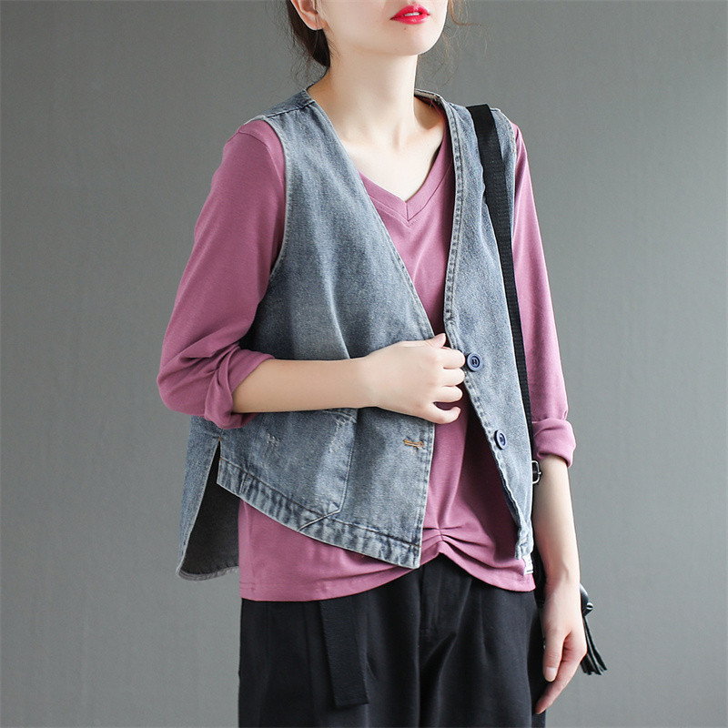 2022 Νέο ανοιξιάτικο φθινοπωρινό τζιν γιλέκο Γυναικείο ρετρό αμάνικο κοντό τζιν γιλέκο Γυναικείο παλτό Casual σακάκια Γυναικεία μπλουζάκια