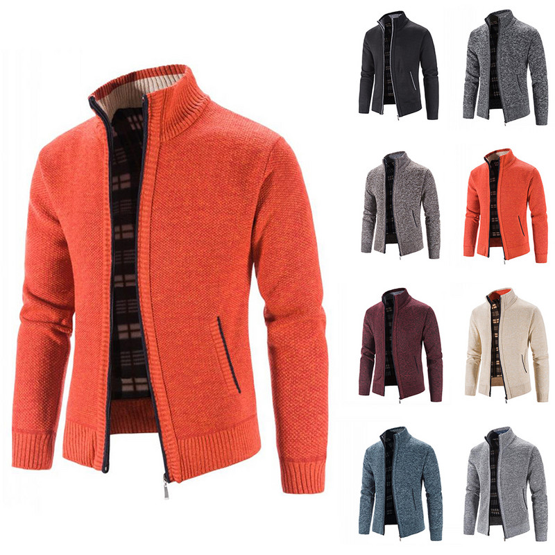 Jachetă tricotată caldă de iarnă Pulovere cu guler în picioare Cardigan Fermoar Pulover simplu ocazional haină Îmbrăcăminte pentru bărbați