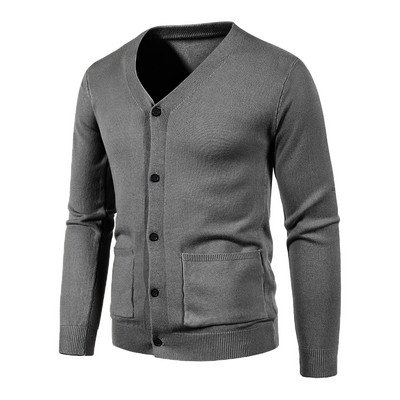 Cardigan de modă pentru bărbați noi, butoni, ocazional, cu mânecă lungă, tricotat, buzunare de culoare solidă, haine calde, haine, jachete