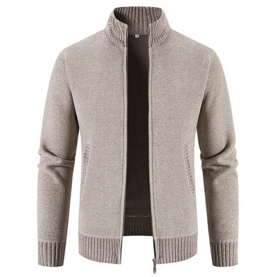 Pulovere noi de toamnă iarnă pentru bărbați din fleece cardigan Pulover cald tricotat pentru bărbați, solid, guler, fermoar, tricotaje subțire.