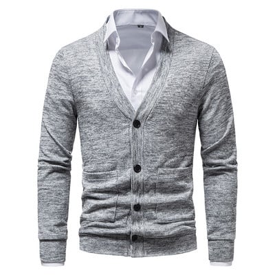 Cardigan de primăvară, toamnă, pentru bărbați, cu decolteu în V, pulover tricotat, haine, de culoare uni, pentru bărbați, ocazional, cardigan, jachetă, tricotaj subțiri, topuri bărbați