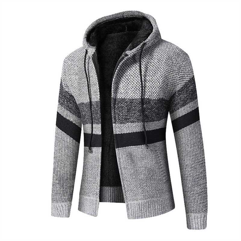 Νέα χειμωνιάτικη ζακέτα με κουκούλα ανδρικό φλις ζεστό πλεκτό πουλόβερ Ανδρική μόδα με ριγέ κουκούλα Πλεκτό φερμουάρ Casual Cardigan Άνδρας