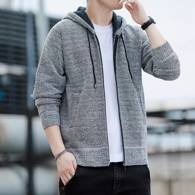 Uus talvine kampsun meeste fliisist kootud kardigan meeste kapuutsiga soe Casaul kudumine ülerõivaste mantlid õhukesed lukuga kampsun jakid