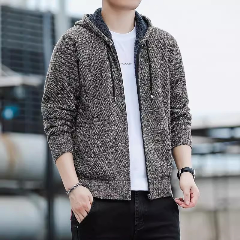 Uus talvine kampsun meeste fliisist kootud kardigan meeste kapuutsiga soe Casaul kudumine ülerõivaste mantlid õhukesed lukuga kampsun jakid