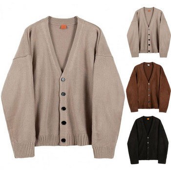 Стилен пуловер, удебелено студоустойчиво меко мъжко есенно-зимно едноцветно плетено палто с копчета
