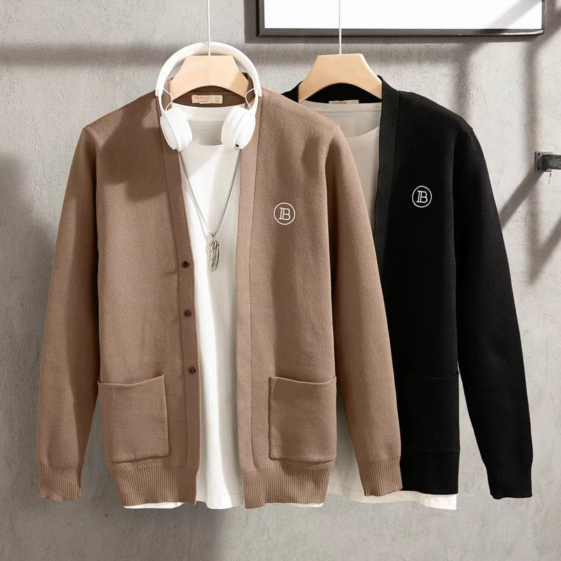 2022 Πολυτελής πλεκτή ζακέτα με μακρυμάνικο τσέπες Ανδρικά ρούχα Μάρκα casual παλτό Μαύρο μονόχρωμο πουλόβερ σε κορεατικό στυλ