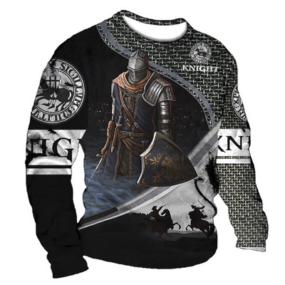 Vintage pikkade varrukatega T-särk Meeste 3D Knight Print O-kaelusega T-särgid Tänavahip-hop Suuremõõtmeline T-särk Meeste riided Tänavarõivad