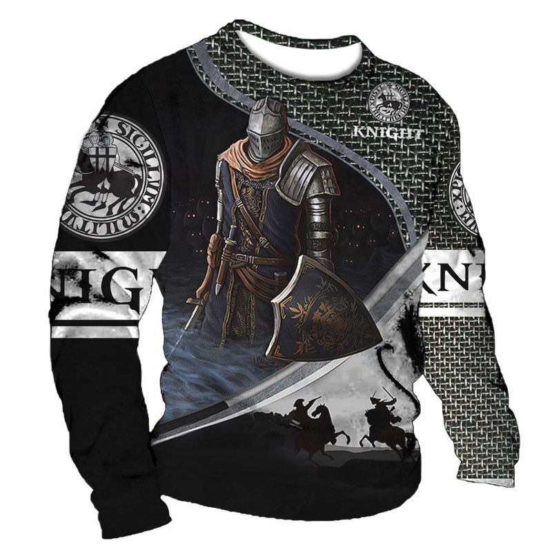 Vintage pikkade varrukatega T-särk Meeste 3D Knight Print O-kaelusega T-särgid Tänavahip-hop Suuremõõtmeline T-särk Meeste riided Tänavarõivad
