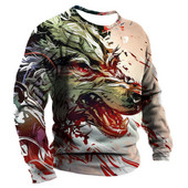 Meeste puuvillane pikkade varrukatega T-särk Talvine 3D loomade prindiga T-särgid Tänavamood Hundimustrilised Topid T-särgid Suured meesterõivad