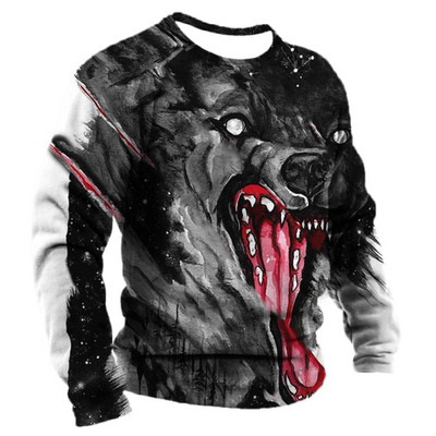 Meeste puuvillane pikkade varrukatega T-särk Talvine 3D loomade prindiga T-särgid Tänavamood Hundimustrilised Topid T-särgid Suured meesterõivad