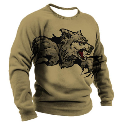 Meeste puuvillane pikkade varrukatega T-särk Talvine 3D loomade prindiga T-särgid Tänavamood Hundimustrilised Topid T-särgid Suured meesterõivad