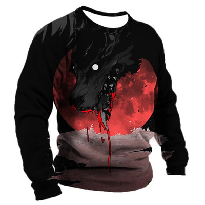 Meeste puuvillane pikkade varrukatega T-särk Talvine 3D loomade prindiga T-särgid Tänavamood Hundimustrilised Topid T-särgid Suured meesterõivad