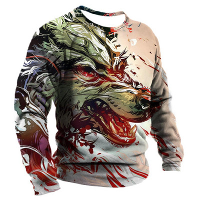 Meeste puuvillane pikkade varrukatega T-särk Talvine 3D loomade prindiga T-särgid Tänavamood Hundimustrilised Topid T-särgid Suured meesterõivad