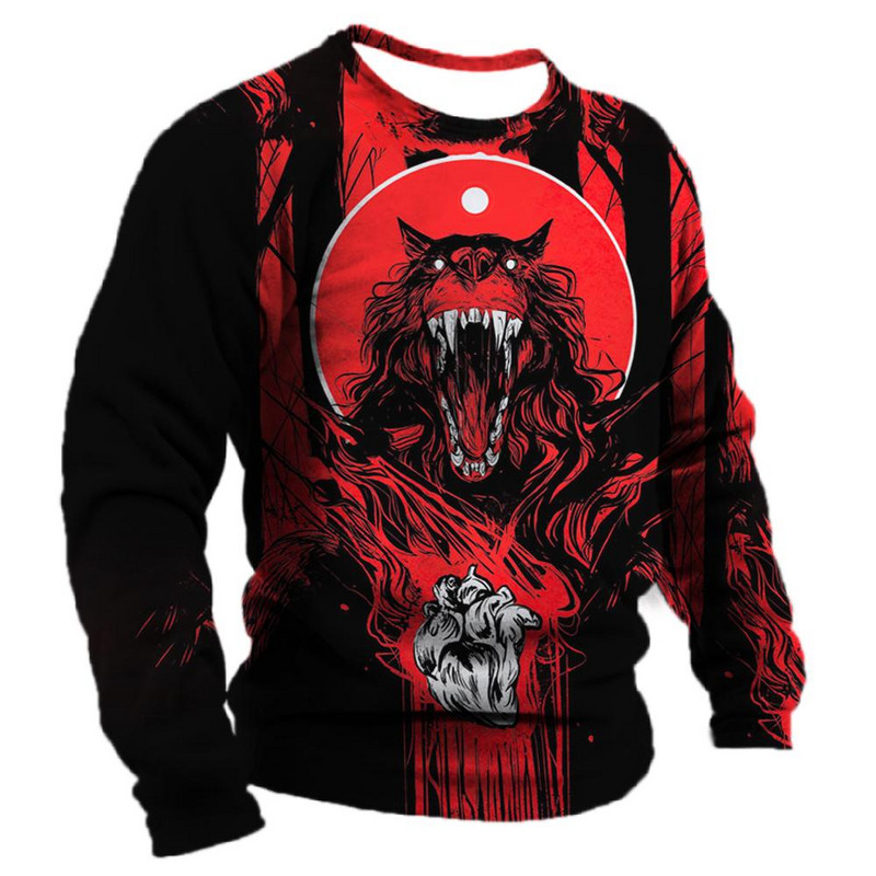 Meeste puuvillane pikkade varrukatega T-särk Talvine 3D loomade prindiga T-särgid Tänavamood Hundimustrilised Topid T-särgid Suured meesterõivad