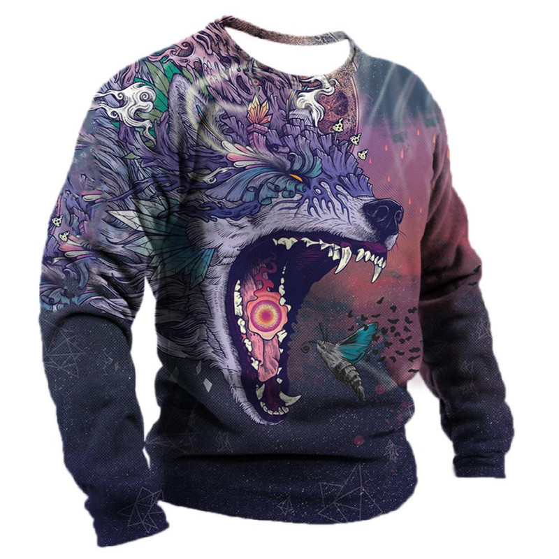 Meeste puuvillane pikkade varrukatega T-särk Talvine 3D loomade prindiga T-särgid Tänavamood Hundimustrilised Topid T-särgid Suured meesterõivad