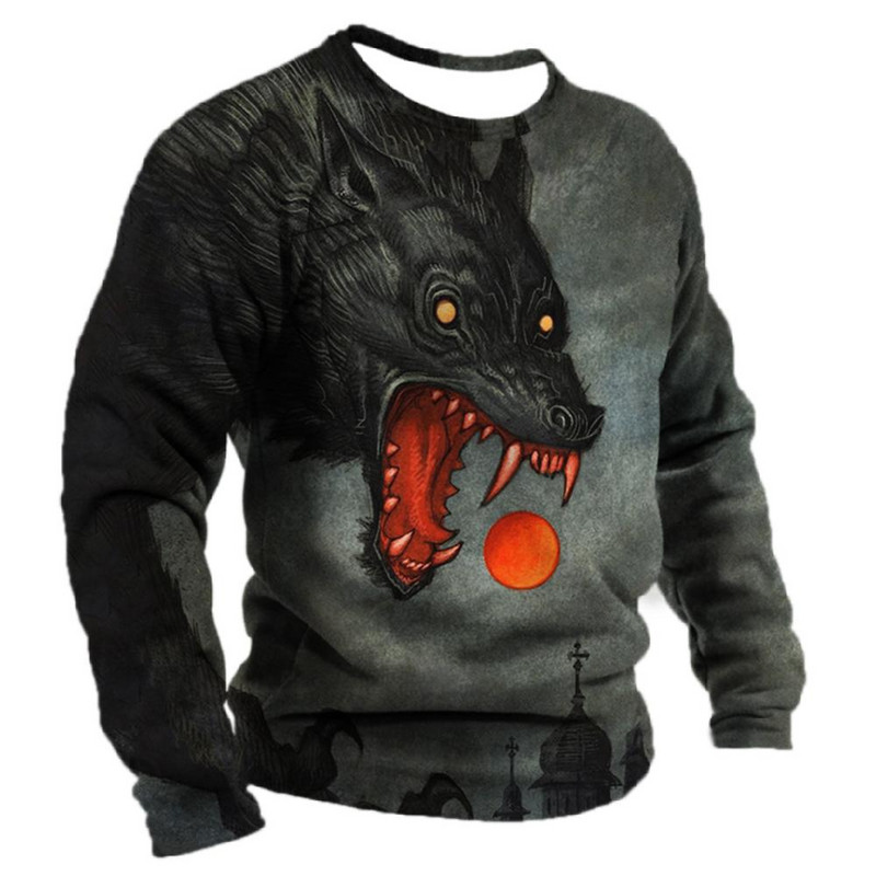 Meeste puuvillane pikkade varrukatega T-särk Talvine 3D loomade prindiga T-särgid Tänavamood Hundimustrilised Topid T-särgid Suured meesterõivad