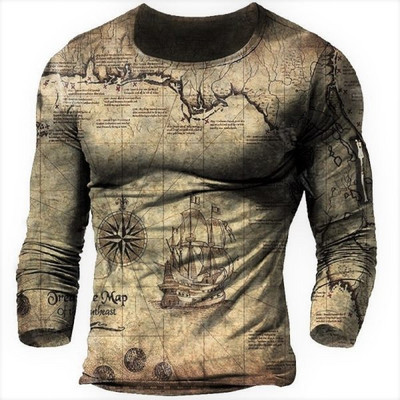 Vintage print majica dugih rukava 3d majica kompas dugih rukava ležerna pamučna majica s O-izrezom prevelike majice majica muška odjeća