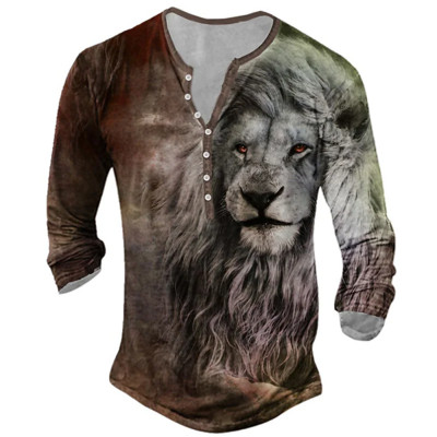 Tricou pentru bărbați vintage Topuri cu mânecă lungă cu imprimeu 3D de animale Tricouuri casual Street Wolf/Leu pentru bărbați Îmbrăcăminte pentru bărbați Tricouri supradimensionate pentru bărbați