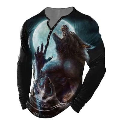 Tricou pentru bărbați vintage Topuri cu mânecă lungă cu imprimeu 3D de animale Tricouuri casual Street Wolf/Leu pentru bărbați Îmbrăcăminte pentru bărbați Tricouri supradimensionate pentru bărbați