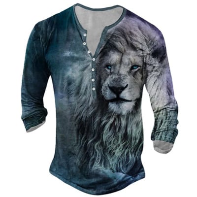 Tricou pentru bărbați vintage Topuri cu mânecă lungă cu imprimeu 3D de animale Tricouuri casual Street Wolf/Leu pentru bărbați Îmbrăcăminte pentru bărbați Tricouri supradimensionate pentru bărbați