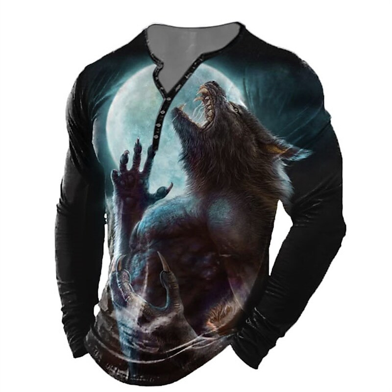 Tricou pentru bărbați vintage Topuri cu mânecă lungă cu imprimeu 3D de animale Tricouuri casual Street Wolf/Leu pentru bărbați Îmbrăcăminte pentru bărbați Tricouri supradimensionate pentru bărbați