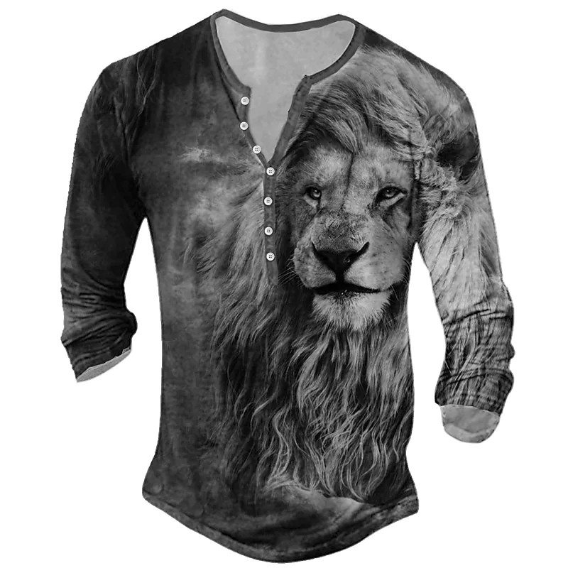 Tricou pentru bărbați vintage Topuri cu mânecă lungă cu imprimeu 3D de animale Tricouuri casual Street Wolf/Leu pentru bărbați Îmbrăcăminte pentru bărbați Tricouri supradimensionate pentru bărbați