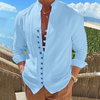 Винтидж мъжки 100% памучни ленени ризи с дълги ръкави и яка с дълги ръкави Ежедневни топове 2023 Пролет Лято Модни мъжки дрехи Ретро риза