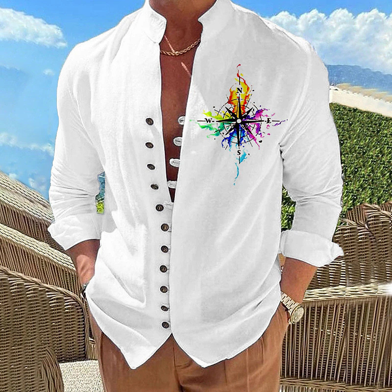 Vintage 3D-prindiga särk Meeste pikkade varrukatega krae, vaba vabaaja tänavarõivad, 2023. aasta kevad-sügismood retrosärgid meestele