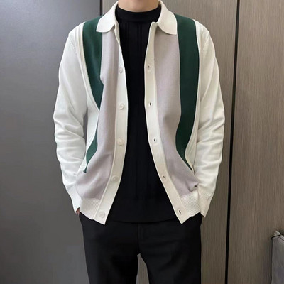 2023. aasta kevad- ja sügisene uus meeste Slim Fit polokardigan meeste kootud vertikaalse triibuga plokk-kampsun mantel Lihtne ülerõivas