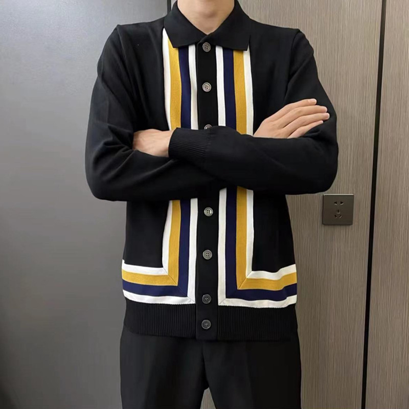 2023. aasta kevad- ja sügisene uus meeste Slim Fit polokardigan meeste kootud vertikaalse triibuga plokk-kampsun mantel Lihtne ülerõivas