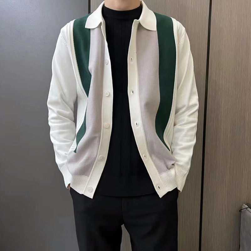 2023. aasta kevad- ja sügisene uus meeste Slim Fit polokardigan meeste kootud vertikaalse triibuga plokk-kampsun mantel Lihtne ülerõivas