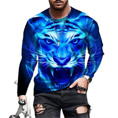 Naljakas 3D Tiger Print pikkade varrukatega T-särgid Moodne Hip Hop Harajuku T-särk meestele Juhuslikud O-kaelusega puuvillased topid Suuremõõtmeline pullover